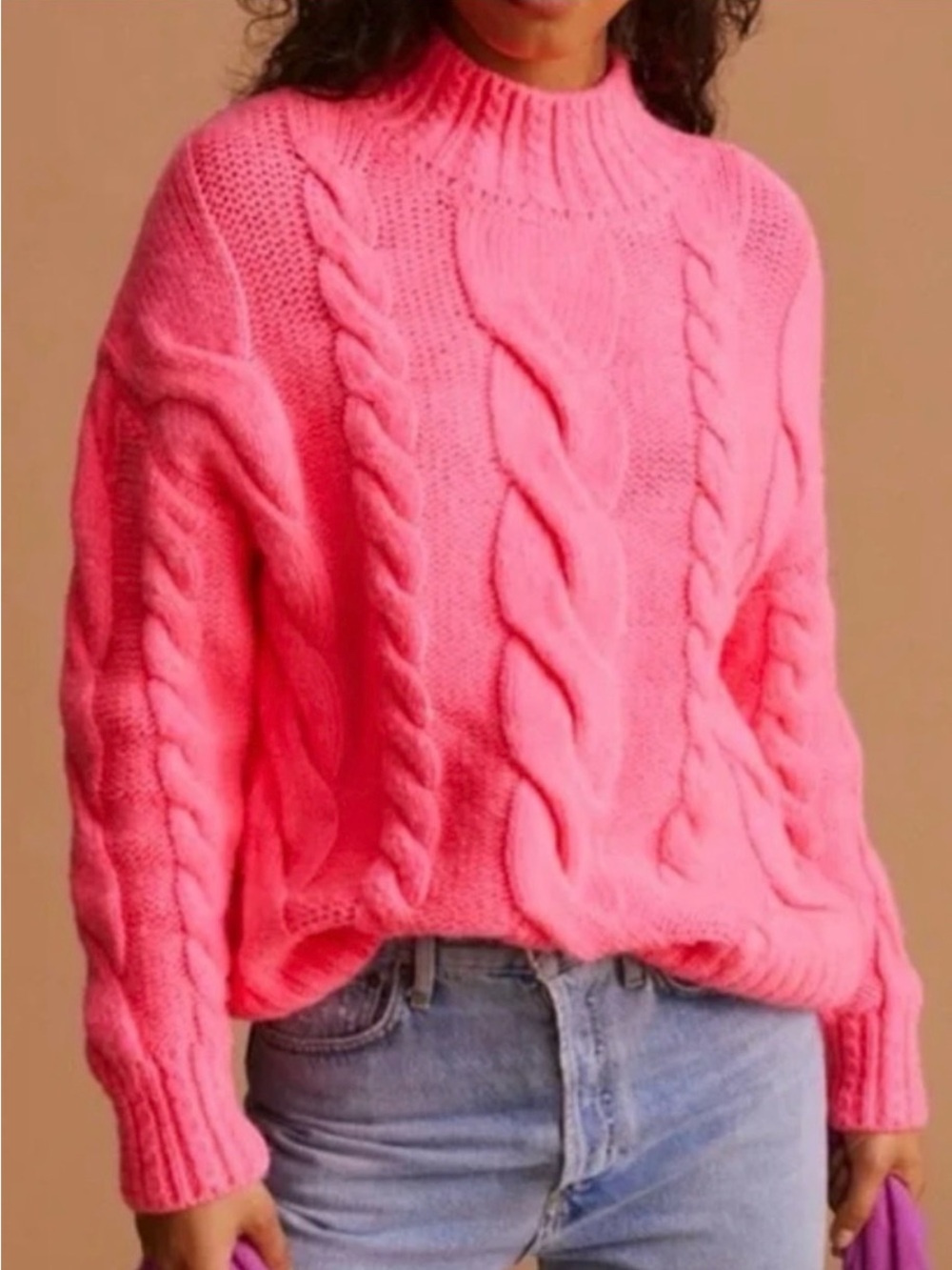 Anthropologie Chunky Cable Knit Mock Turtleneck Sweater in Hot Pink, Size M